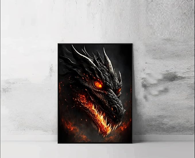 Puraikcmi DIY 5D Dragon Diamond Painting Black Fire Dragon Diamond Painting Kits for Adults,5D DIY Full Drill Diamond Art for Home Wall Decor 12x16 Inch