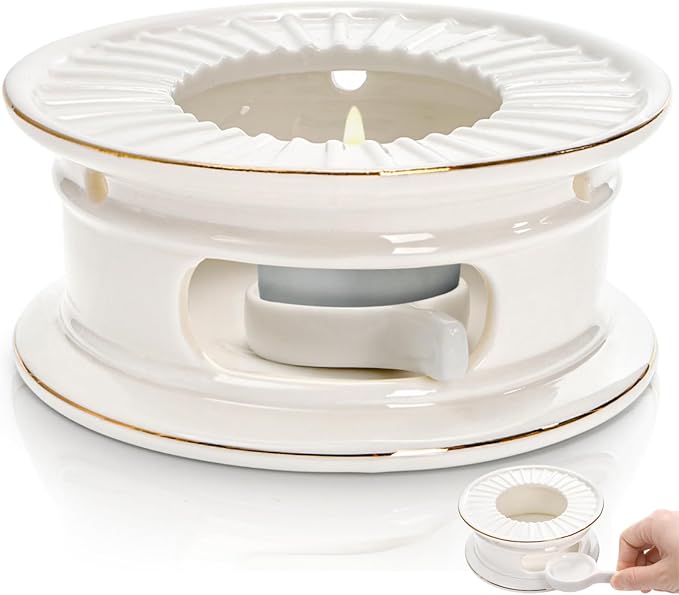 Ceramic Teapot Warmer, Gold Rim Teapot Heater with Tealight Holder, White Porcelain Tea Kettle Holder Warming Base for Heating Coffee, Milk, Water, Soup