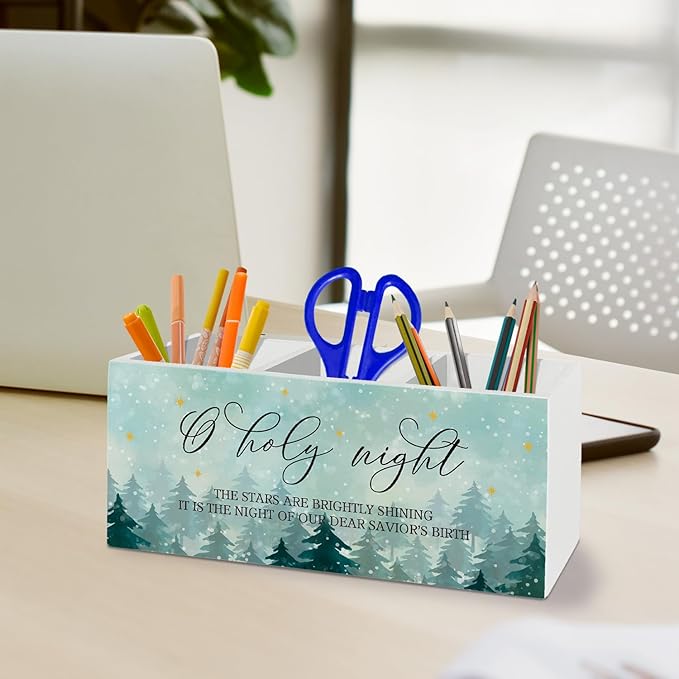 O Holy Night Christian Christmas Pen Pencil Holder Organizer for Desk Accessories, Nativity Christmas Rustic Winter Tree Holiday Wooden Box Sign Desk Decor for Home Office Decoration