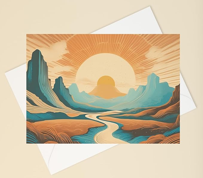 Abstract Southwestern Landscape Greeting Cards - Set of 10 All Occasion 5 x 7 Note Cards with Envelopes. Blank Inside. Modern Watercolor Designs of Desert, River and Mountains with Setting Sun
