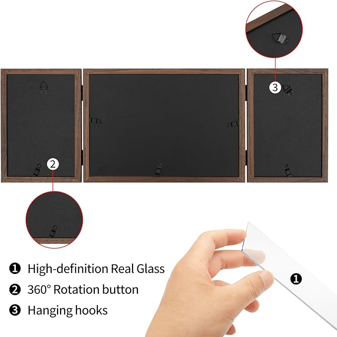 Hinged 3 Picture Frame 4x6 & 5x7 Folding Collage Photo Frames Multiple Wooden Desk Picture Frames with Mat for Office Tabletop or Wall Decor, Brown