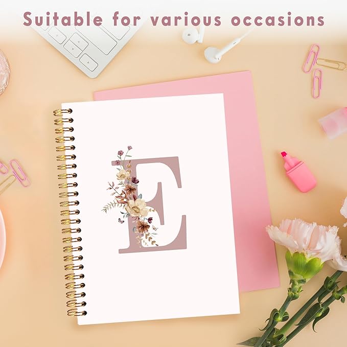 Lacama Pink Initial Letter E Notebook Journal, Aesthetic Wildflower Personalized Spiral Notebook, Customized Monogrammed Gifts, Birthday Gifts for Women, School Supplies, Office Supplies 5.5x8.3