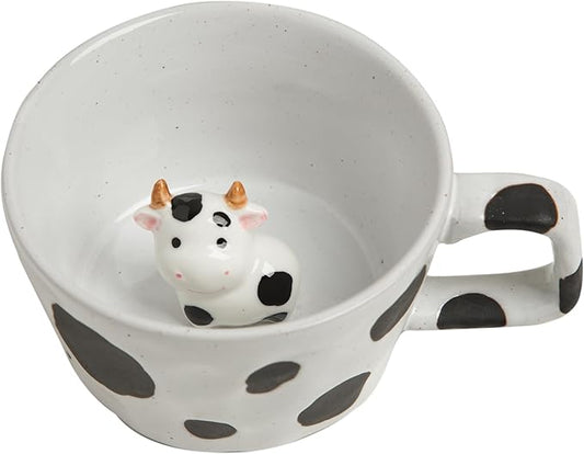 DIHOclub Farmhouse Ceramic Coffee Mug with Animal Figurine – Rustic Stoneware Cup, Matte Finish, Ideal for Breakfast & Home Decor (Black White Cow)