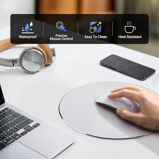 HONKID Metal Aluminum Mouse Pad, Thin Hard Mousepad, Double Sided Waterproof Fast and Accurate Control Mousepad for Laptop, Computer and PC, Office, 7.87 * 7.87 Round Silver