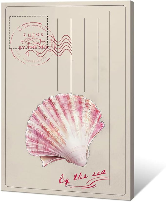 Framed Vintage Watercolor Ocean Beach Coastal Pink Seashell Postcard Preppy Canvas Wall Art Cheos By The Sea Print Painting Poster Aesthetics Pictures Boho Decor for Living Room Bedroom 16x24inch