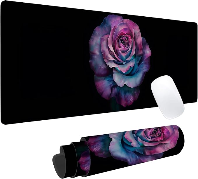 Purple Rose Gaming Mouse Pad, Office Desk Mat, Anti-Slip Rubber Base Cool Aesthetic Mouse Pads for Computer Laptop Keyboard School Home Desktop Gamer Home Accessories Decor 31.5" x 11.8"
