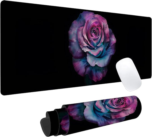 Purple Rose Gaming Mouse Pad, Office Desk Mat, Anti-Slip Rubber Base Cool Aesthetic Mouse Pads for Computer Laptop Keyboard School Home Desktop Gamer Home Accessories Decor 31.5" x 11.8"