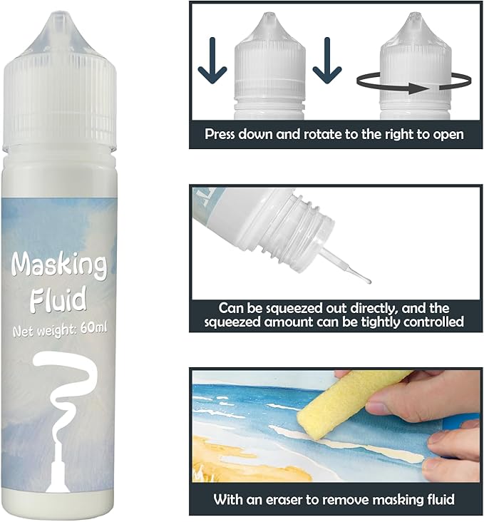 120ml Blue&White Masking Fluid for Watercolor Painting Kit, Fast Drying Easy Peel Use, Watercolor Masking Fluid Prevent staining Keeps Areas Colorless