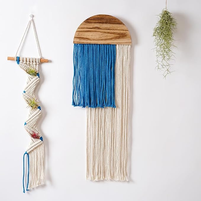 Macrame Wall Hanging, Boho Woven Tapestry, Modern Tassel Wall Decor, Handmade Wall Art Tapestry for Bedroom, Living Room, Home, Bohemian Apartment Decoration Ornament Craft (Blue Semicircle)