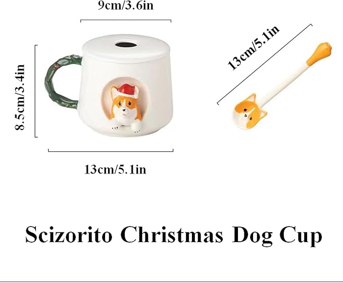 Cute Dog Couple Cup, Ceramic Coffee Mug with a Lid, Family Cup, Office Cup, Concave wood grain pattern handle, Cute Shiba Lnu Three-dimensional Design, with Matte Texture(420ML) (White Hat)