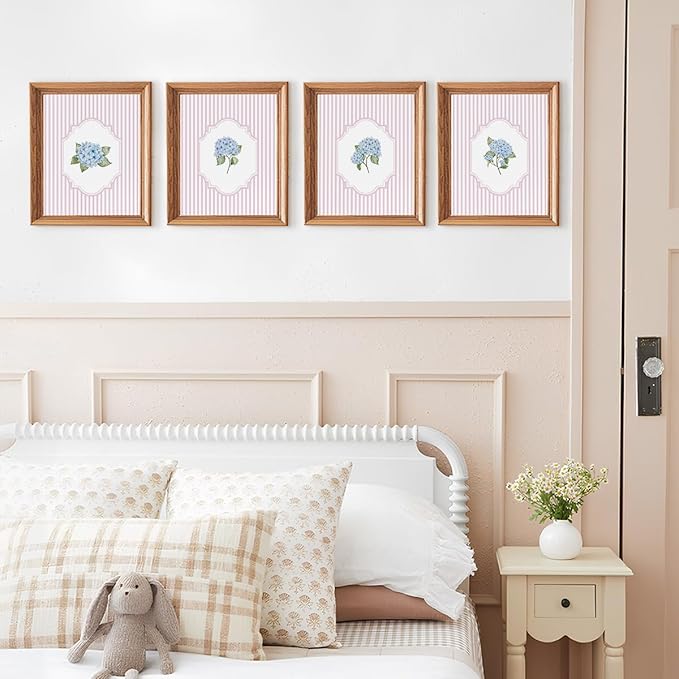 Wheatwin Hydrangea Floral Wall Art Decor, Cottagecore Hydrangea Flower Botanical Poster Prints, Pink Wall Decor for Home Bedroom Living Room 8x10 Unframed Set of 4