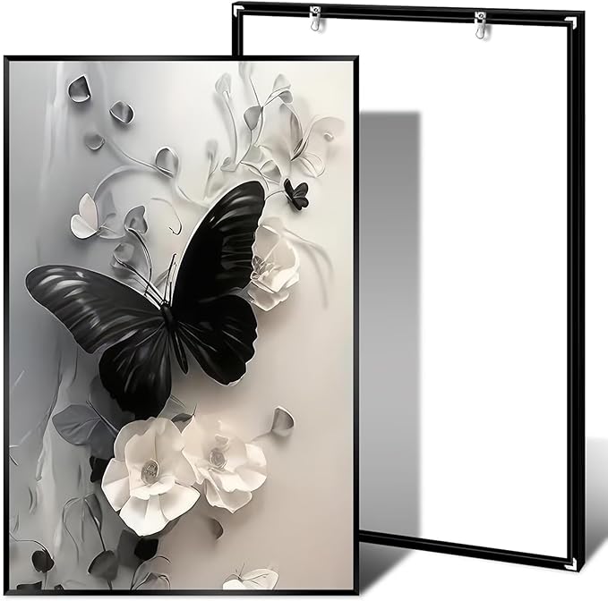 Black Butterfly with Flowers Canvas Poster Modern Minimalist Wall Art Trendy Elegant Painting Prints Vintage Nature Botanical Aesthetic Home Decor for Bedroom Living Room 16x24inch Metal Black Framed