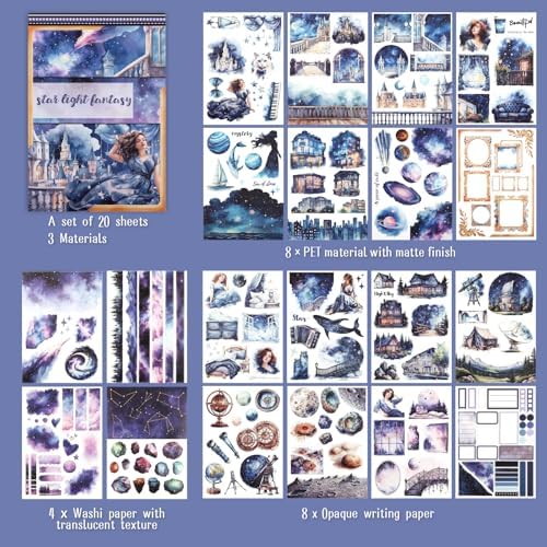 Pre-Cut Galaxy Sticker for Journaling, PET Washi Paper Collage Book, 20 Sheets Star Space Fantasy Planner Decals Scrapbook Junk Journal Supplies - Image 2