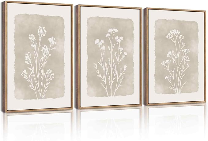 KUVIOKE Boho Botanical Flower Framed Wall Art Farmhouse Vintage Floral Wall Painting Rustic Wildflower Neutral Prints Artwork Home Decor 11x14in (Natural Framed)