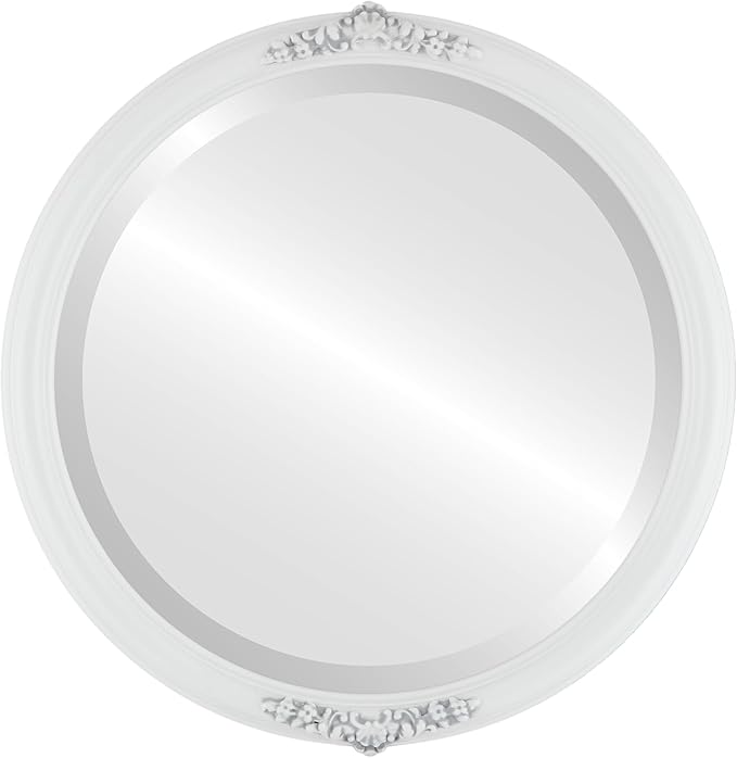OVALCREST Round Beveled Wall Mirror for Home Decor - Contessa Style - Linen White - 16x16 Outside Dimensions