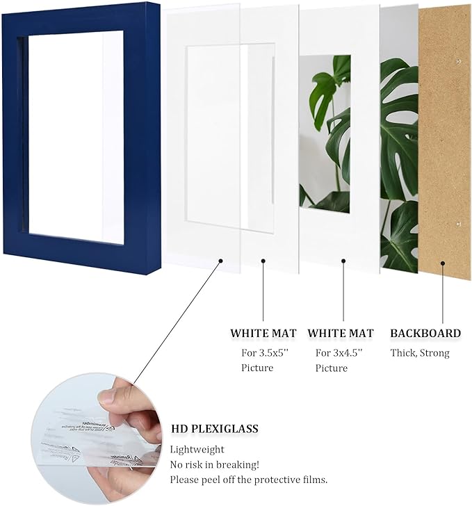 Egofine 4x6 Picture Frames 4PCS Covered by Plexiglass for Picture 3x4.5 and 3.5x5 with Mat or 4x6 whitout Mat Made of Solid Wood for Table Top Display and Wall Mounting Photo Frame, Navy Blue