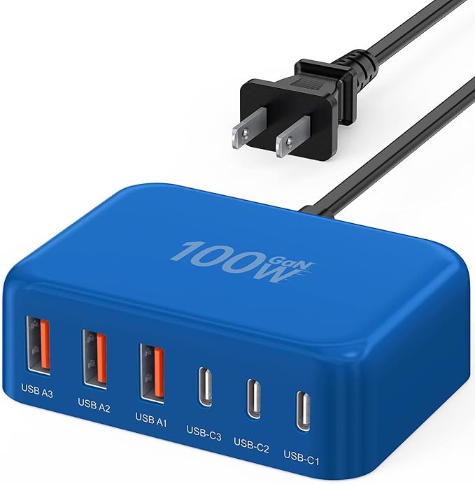 USB C Fast Charger, 100W GaN 6 Port Type C Charging Station Hub Block Cube, USB C Wall Charger Power Strip Adapter Plug for iPad iPhone 17 16 15 14 13 12 Pro Max Pixel Note Galaxy, 5ft Cord