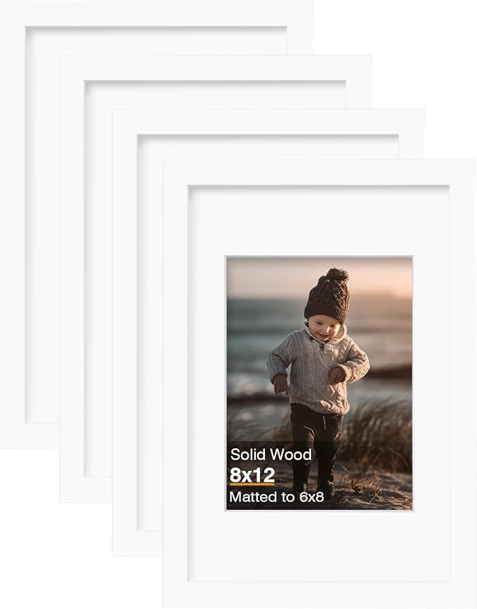 KINLINK 8x12 Picture Frame White, Solid Wood Frames with Acrylic Plexiglass for Pictures 6x8 with Mat or 8x12 without Mat, Tabletop and Wall Display Photo Frame, Set of 4