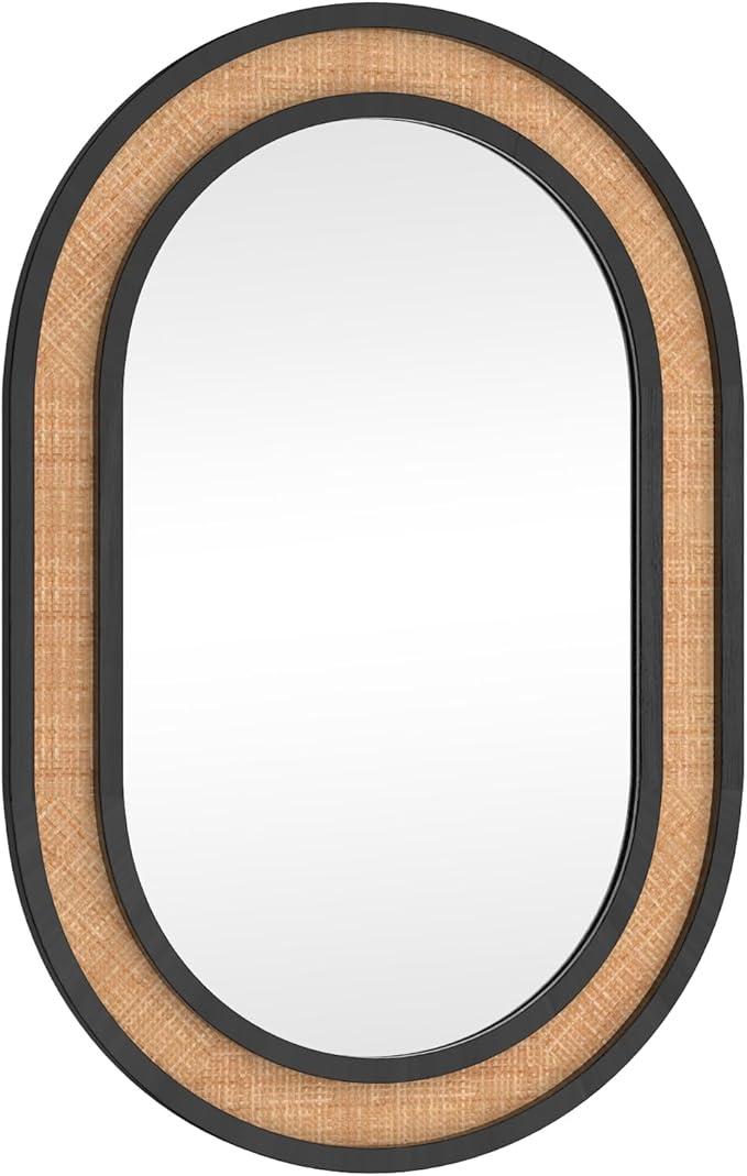 Rattan Wall Mirror with Wooden Framed Black Oval Bathroom Mirror 24 X 36 inch Farmhouse Wood Mirror for Modern Decorative Bathroom, Living Room, Entryway, Bedroom