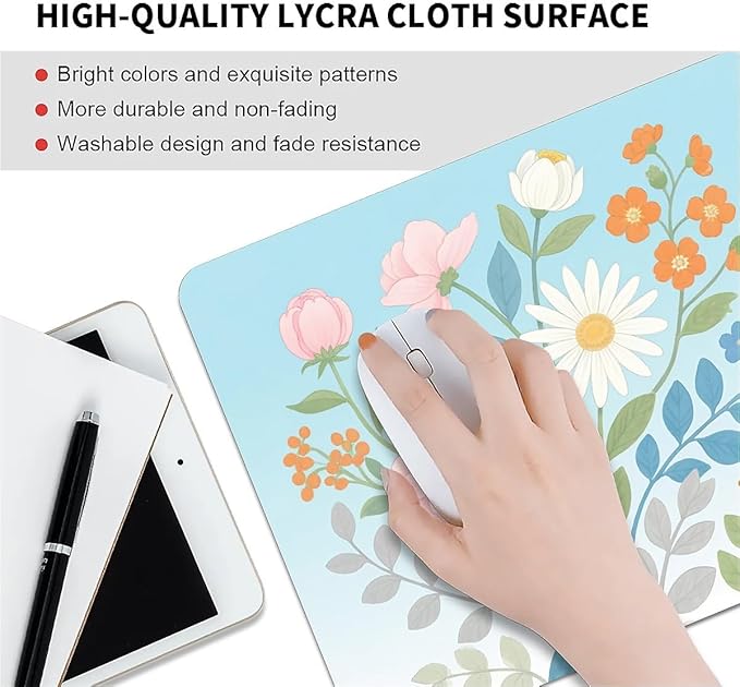 Square Mouse Pad Hand-Painted Flowers, Personalized Premium-Textured Custom Mouse Mat Design, Washable Mousepad Cloth, Non-Slip Rubber Base Computer Mouse Pads for Wireless Mouse