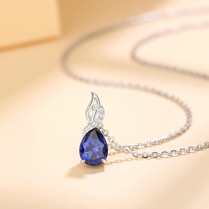 FANCIME 14K Solid White Gold Teardrop Pendant with Diamond Birthstone Necklace