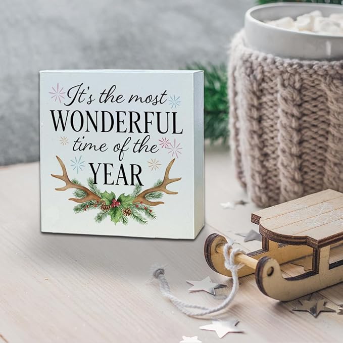Christmas Wooden Desk Decor Sign, It's The Most Wonderful Time of The Year Rustic Holiday Sign, Winter Christmas Tabletop Home Plaque, Farmhouse Xmas Decor 5x5 Inches