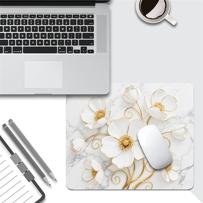 Square Mouse Pad White Marble Flowers, Personalized Premium-Textured Custom Mouse Mat Design, Washable Mousepad Cloth, Non-Slip Rubber Base Computer Mouse Pads for Wireless Mouse