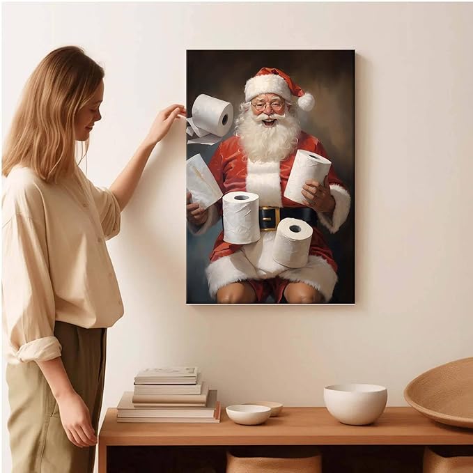 Framed Canvas Santa Bathroom Wall Art Toilet Humor Decor Vintage Christmas Holiday Wall Art Restroom Amusing Gift Santa Toilet Rolls Funny Poster 24x36in Wood Framed