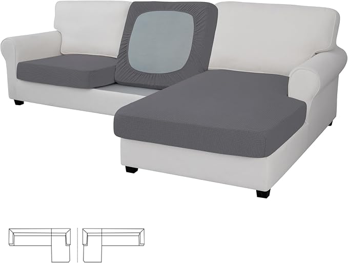 Easy-Going Stretch 3 Pieces Couch Cushion Covers for Sectional Sofa Left/Right L Shape Chaise Lounge Sofa Seat slipcover Anti-Slip Sofa Cover Soft (2 Seater + 1 Chaise, Grey)