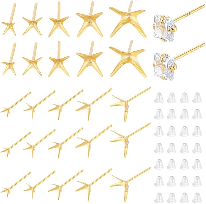 UNICRAFTALE 10Pcs 925 Sterling Silver Prong Earring Settings 5 Sizes Golden Stud Earring Findings Metal Claw Earrings Posts Beads Rhinestone Component Prong Earrings Blanks for Jewelry Making