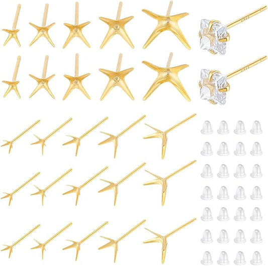 UNICRAFTALE 10Pcs 925 Sterling Silver Prong Earring Settings 5 Sizes Golden Stud Earring Findings Metal Claw Earrings Posts Beads Rhinestone Component Prong Earrings Blanks for Jewelry Making