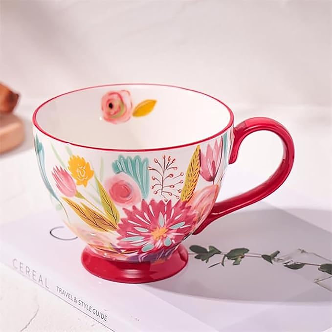 Autumn Handmade Large Ceramic Coffee Mug (20oz) Cute Cereal Vintage Flower Mugs Cozy Fall Gift Cup for Breakfast Oatmeal Tea & Hot Drinks with Floral Design