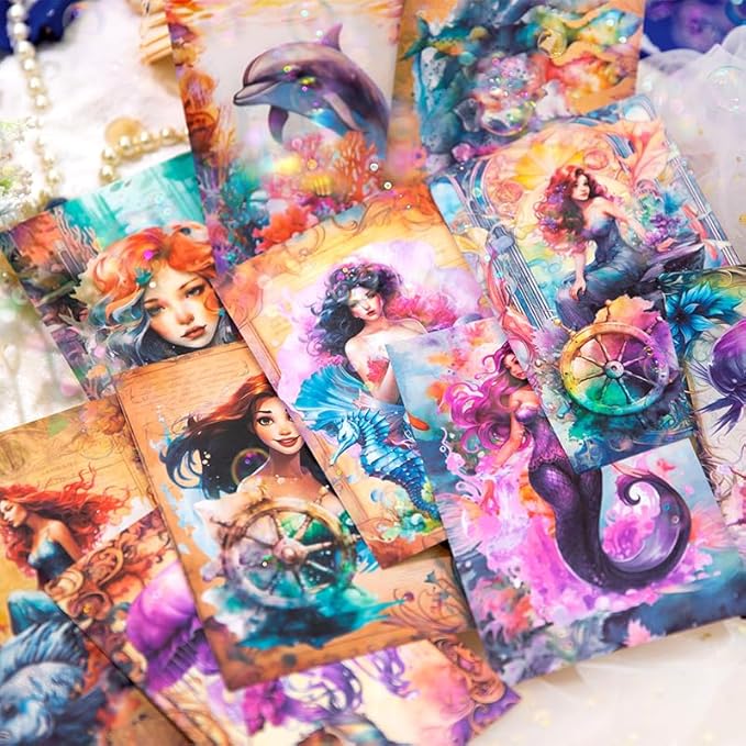 Yoksas 180 Sheets Vintage Ocean Mermaid Mythology Scrapbook Paper - Fantasy Undersea Junk Journals Decorative Cardstock for Posters,Card Making,Scrapbook Craft Supplies