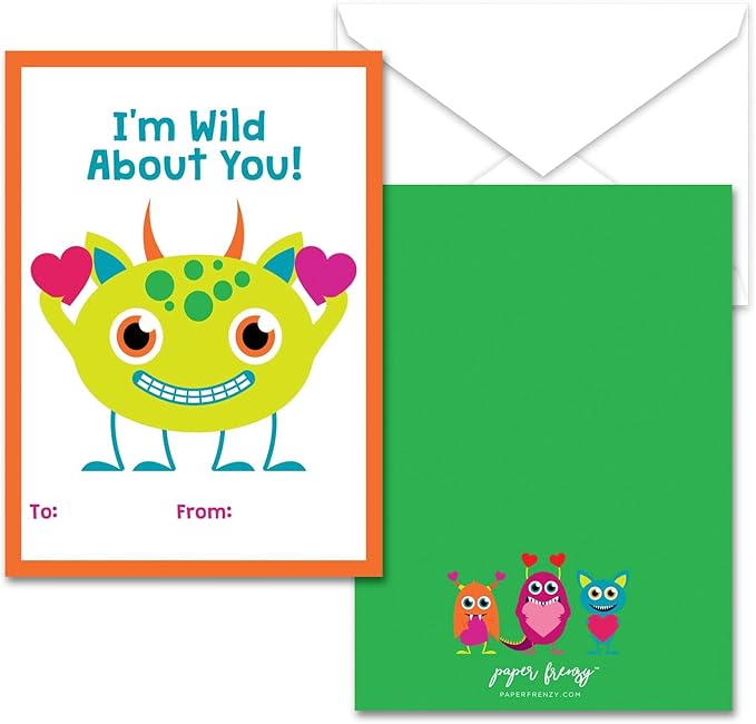Paper Frenzy Friendly Monster Themed Valentines - 25 pack WITH ENVELOPES