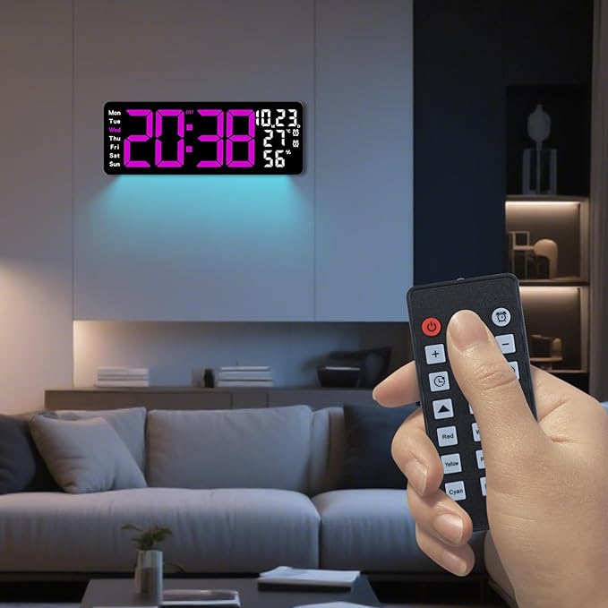 Digital Wall Clock Large Display, 17.3" Digital Clock with RGB Color Remote Control, Auto-Dimming Big Wall Clock with Night Light,Auto DST,Date Week,Temp for Home Decoration, for Elderly (Rose red)