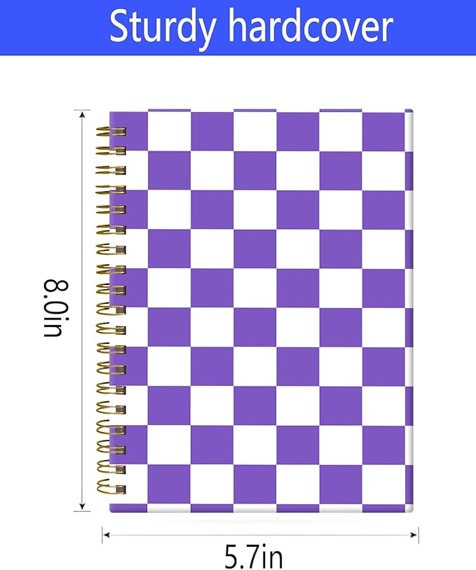 Spiral Journal Notebook,A5 Hardcover Lined Journals for Women 6 x 8.3 in,60 Sheets 120 Pages Thick Paper,Cute College Ruled Writing Notebook for Office Work School(Purple Checker)