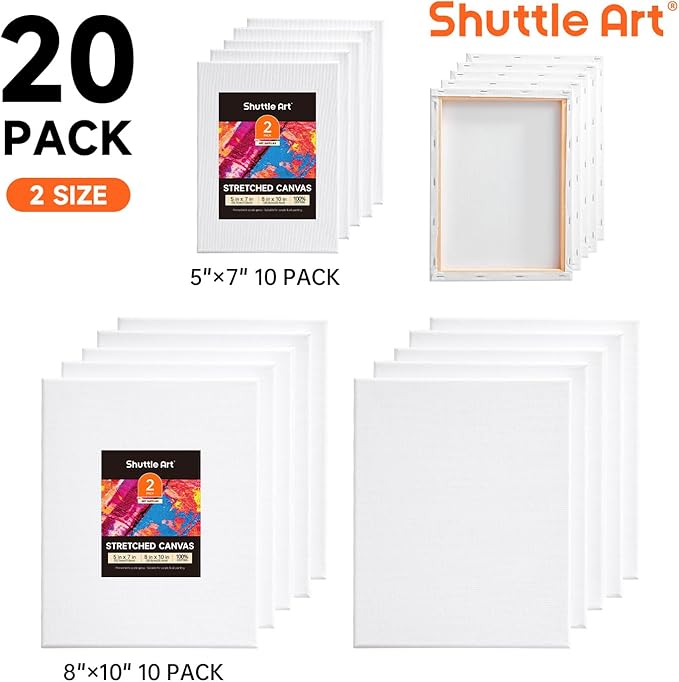 Shuttle Art Stretched Canvas, 20 PCS Value Pack, 5 x 7, 8 x 10 Inches (10 of Each), 100% Cotton, Primed White Canvases for Painting, Stretched Canvas Art Supplies for Acrylic, Oil, Acrylic Pouring