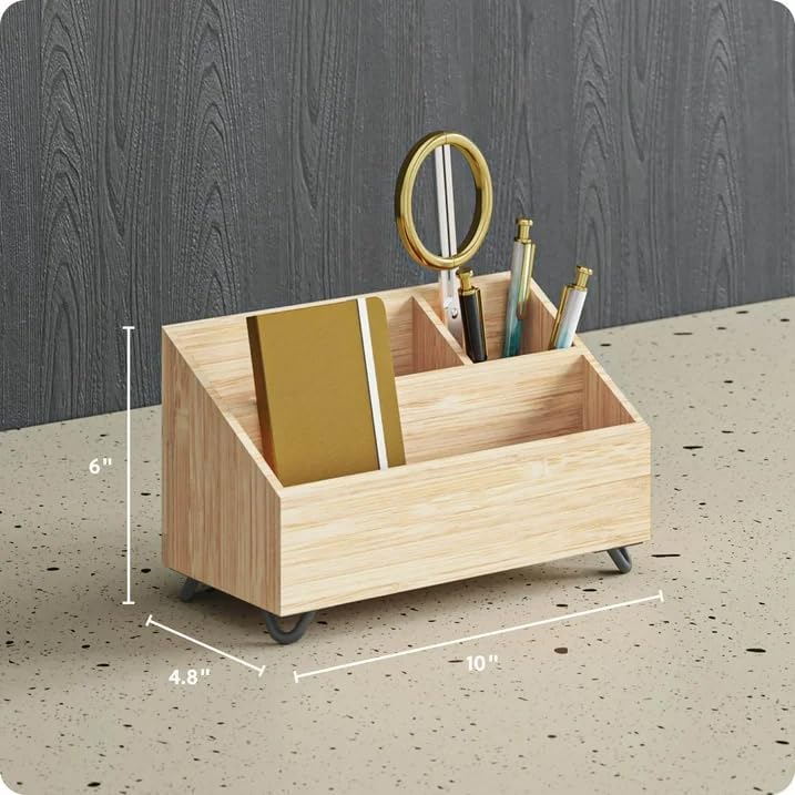 Bamboo Desk Organizer 3 Slots for Office, Pen Holder - Image 2