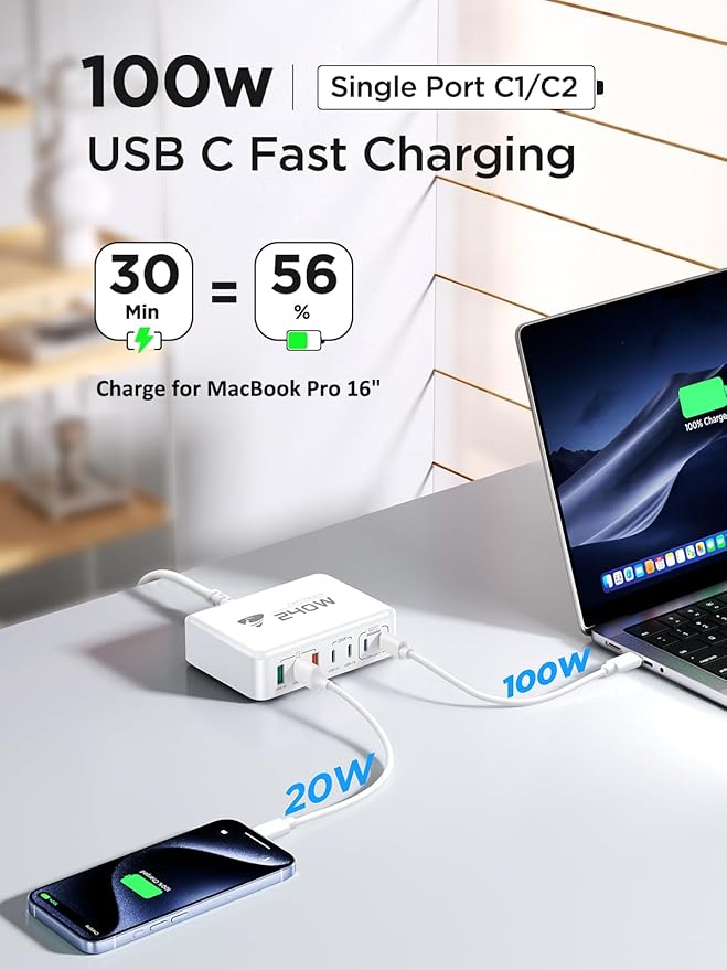 240W USB C Charging Station, 7-Port GaN USB C Charger Block, 100W Laptop USBC Fast Charger Compact 100W Laptop Charger Hub Wall Charger Adapter for MacBook Pro/Air,iPhone 16/15/14/13,Samsung S24