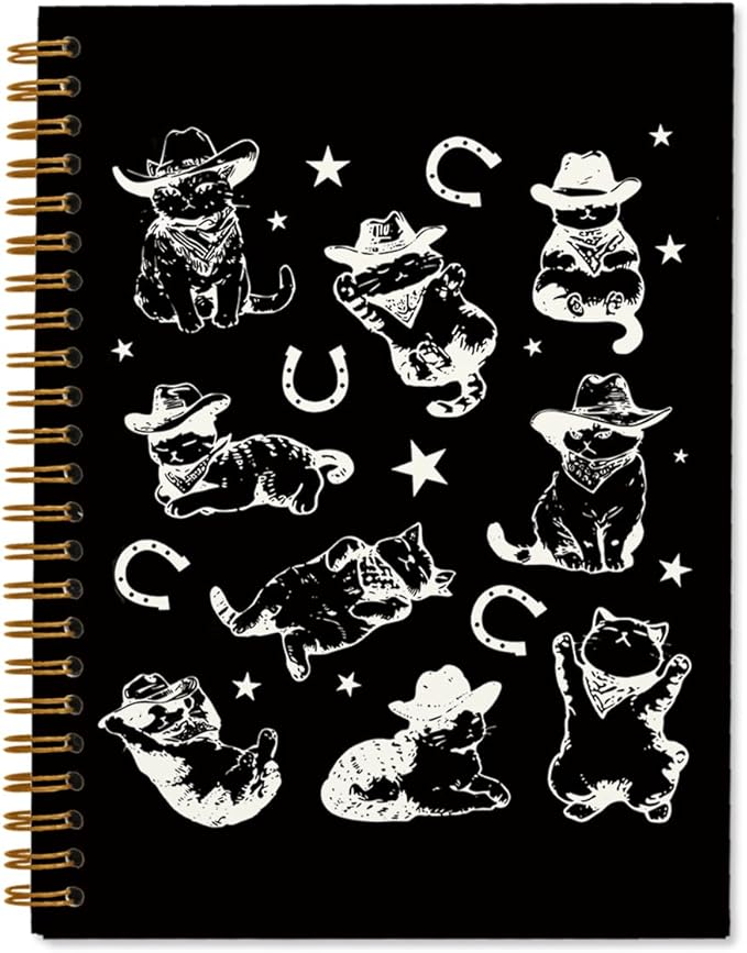 Black Western Cat Spiral Notebook Journal, Cat Mom Lovers Owners Gifts for Women, Vintage Western Cowboy Kittens Aesthetic Notebooks Journals for Work School Note Taking, 5.5x8.3
