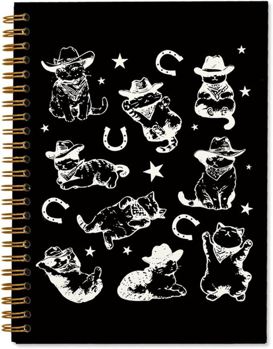 Black Western Cat Spiral Notebook Journal, Cat Mom Lovers Owners Gifts for Women, Vintage Western Cowboy Kittens Aesthetic Notebooks Journals for Work School Note Taking, 5.5x8.3