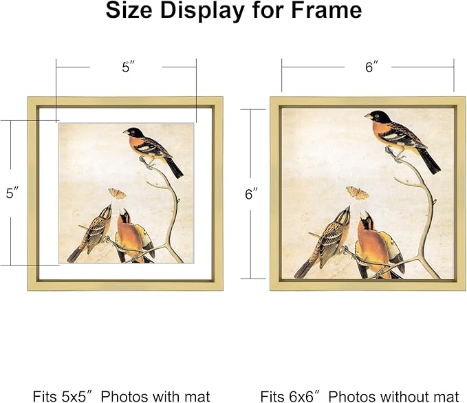 6x6 Picture Frame, Brass Metal Photo Frames with HD Glass, Fits 5x5 with Mat or 6 x 6 without Mat, Display for Wall and Table, 3 Pack