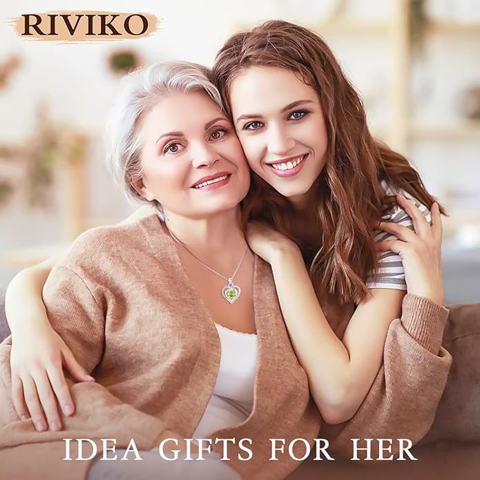 RIVIKO Heart Birthstone Pendant Necklace for Women 925 Sterling Silver Zirconia Necklaces Wedding Anniversary Birthday Mothers Day Jewelry Gifts For Her Mother Wife