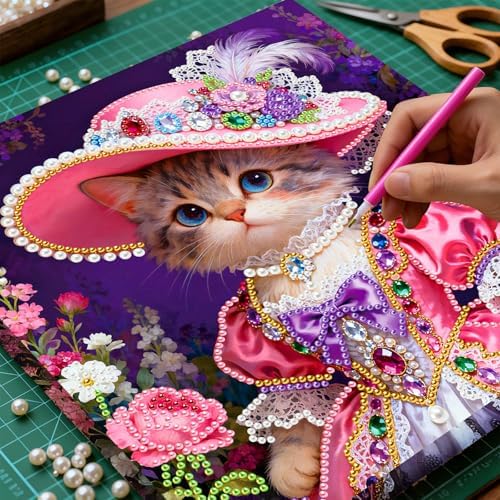 LQCrafK DIY Pearl Art Painting Handcraft Kit for Adults Beginners, Healing Stress-Relieving Home Wall Creative Design Decoration, Framed Painting with Tools-Cat - Image 4