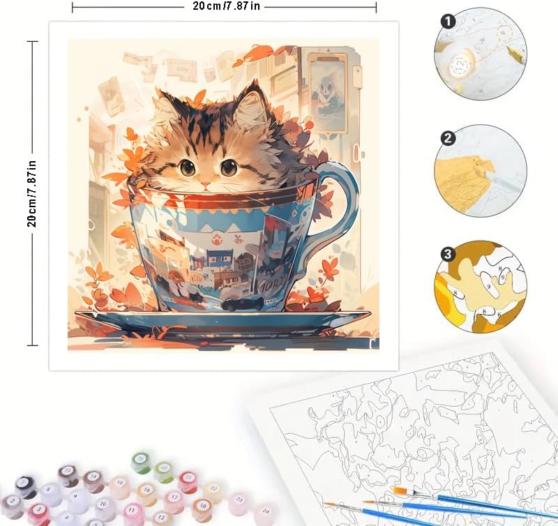 TAOPAOLAB Cute Animals Digital Painting Kit for Adults - DIY Kitten in Teacup Oil Painting on Canvas 7.87×7.87in, Framed Acrylic Paint Kit, Good for Beginners, Home Decor or Gift Artwork - Image 2