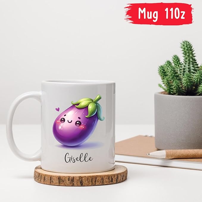 Personalized Eggplant Mug, Aubergine Ceramic Cup, Aubergine Travel Cups Gifts for Kids Friends Eggplant Lovers, Vegetable Cup, Veggie Tea Mug, Customized Aubergine Coffee Mug With Name 11oz 15oz
