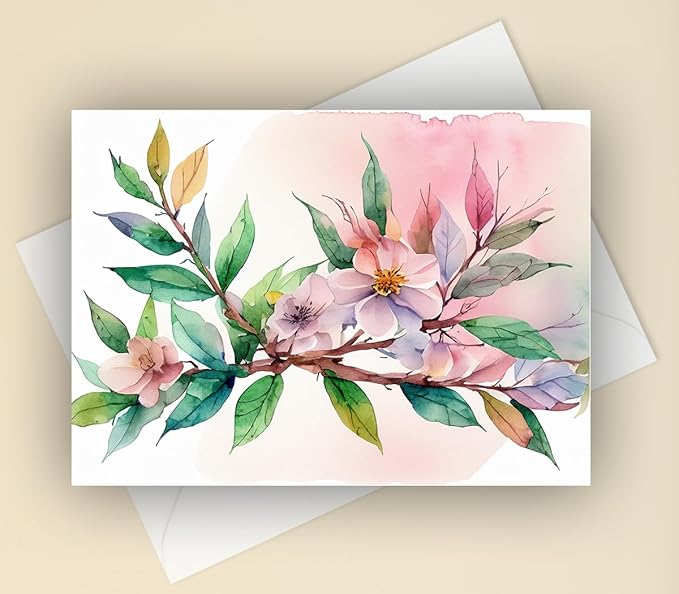 Vintage Watercolor Flowers Greeting Cards - Set of 10 All Occasion 5 x 7 Note Cards with Envelopes. Blank Inside. Botanical Floral Designs of Flowers, Leaves and Branches Inspired by Nature.