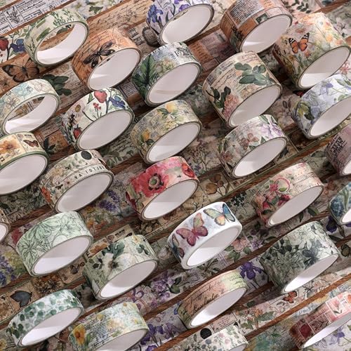 42 Rolls Vintage Washi Tape Set, Delicate Butterfly & Lush Floral Botanical Themed Writable Decorative Tapes with Retro Elements for Scrapbooking, Junk Journal Supplies, Bullet Journaling 5-25mm Wide - Image 4