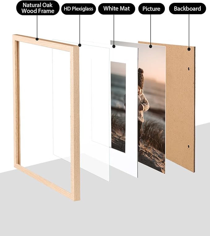 KINLINK 8x10 Frame Natural Oak Wood Frame with Acrylic Plexiglass, 1 Pack