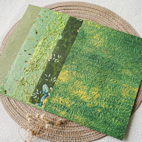 15-Piece Textured Scrapbook Paper & Mesh Fabric Set, Green A5 Sheets - Image 5